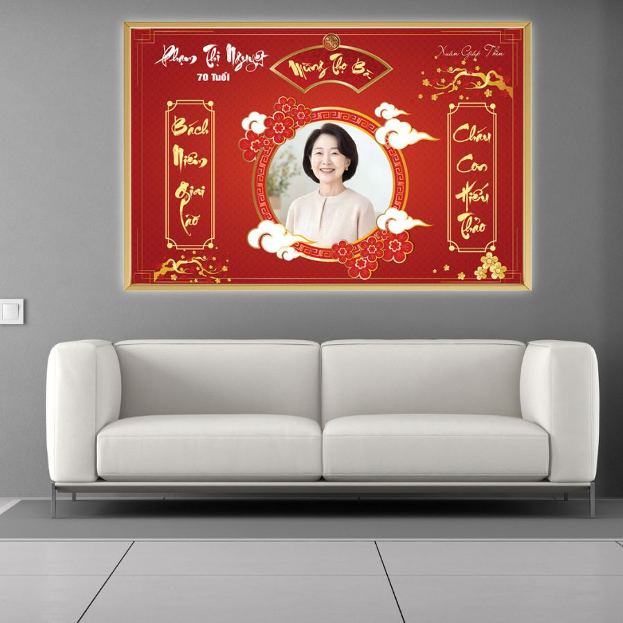 Tranh mừng thọ 70 tuổi sử dụng đôi câu đối bách niên giai lão, cháu con hiếu thảo