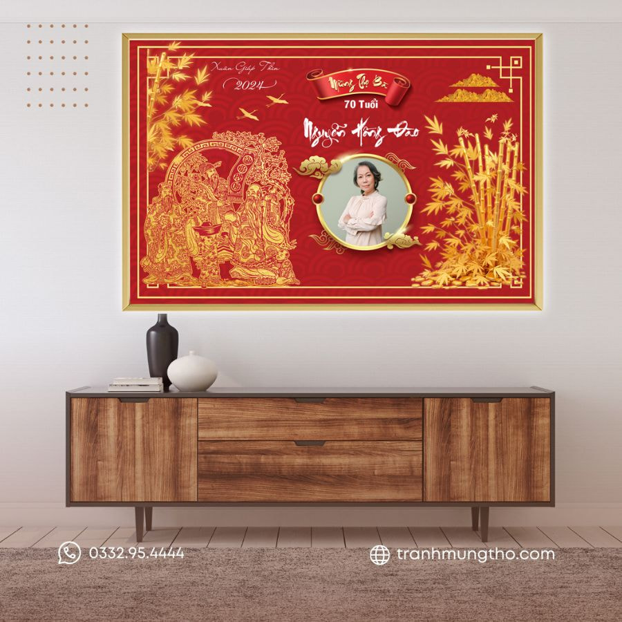 Tranh mừng thọ mẹ 70 tuổi với tam tinh Phúc - Lộc - Thọ