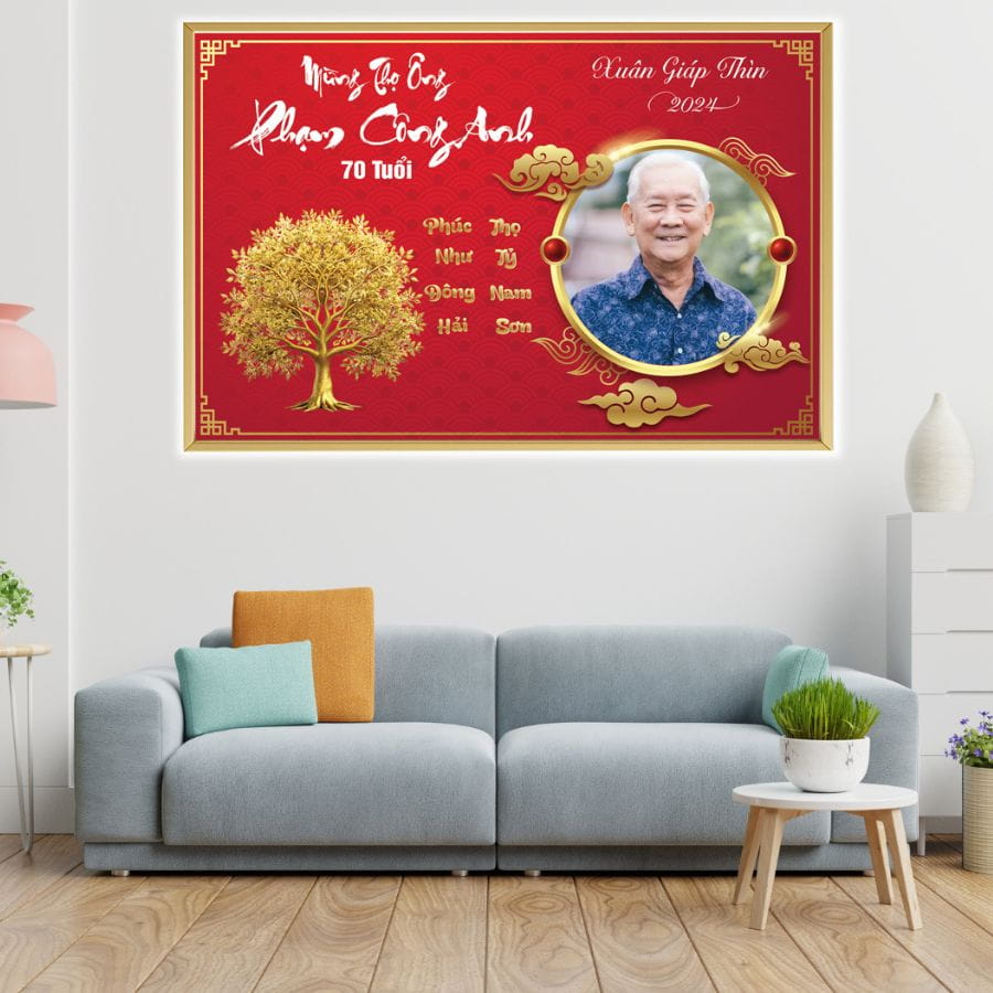 Mẫu tranh mừng thọ 70 tuổi với đ&ocirc;i c&acirc;u đối Ph&uacute;c như Đ&ocirc;ng Hải - Thọ tỷ Nam Sơn