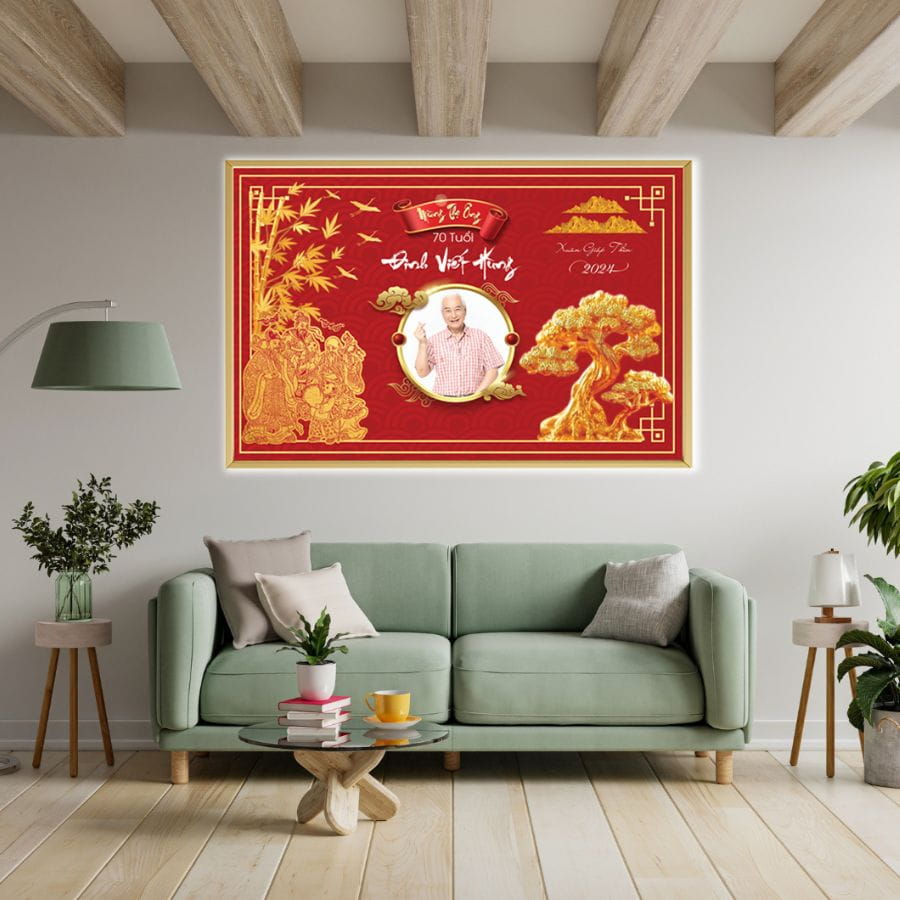 Mẫu tranh mừng thọ 70 tuổi với h&igrave;nh ảnh tam tinh Ph&uacute;c - Lộc - Thọ v&agrave; t&ugrave;ng v&agrave;ng