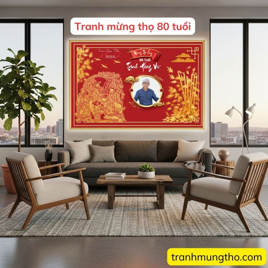 Tranh mừng thọ 80 tuổi &ocirc;ng với h&igrave;nh ảnh tam tinh Ph&uacute;c Lộc Thọ lớn