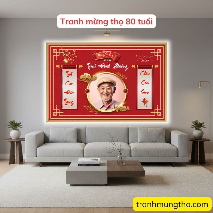 Tranh mừng thọ &ocirc;ng 80 tuổi với đ&ocirc;i c&acirc;u đối tuổi cao đức trọng, ch&aacute;u con sum họp