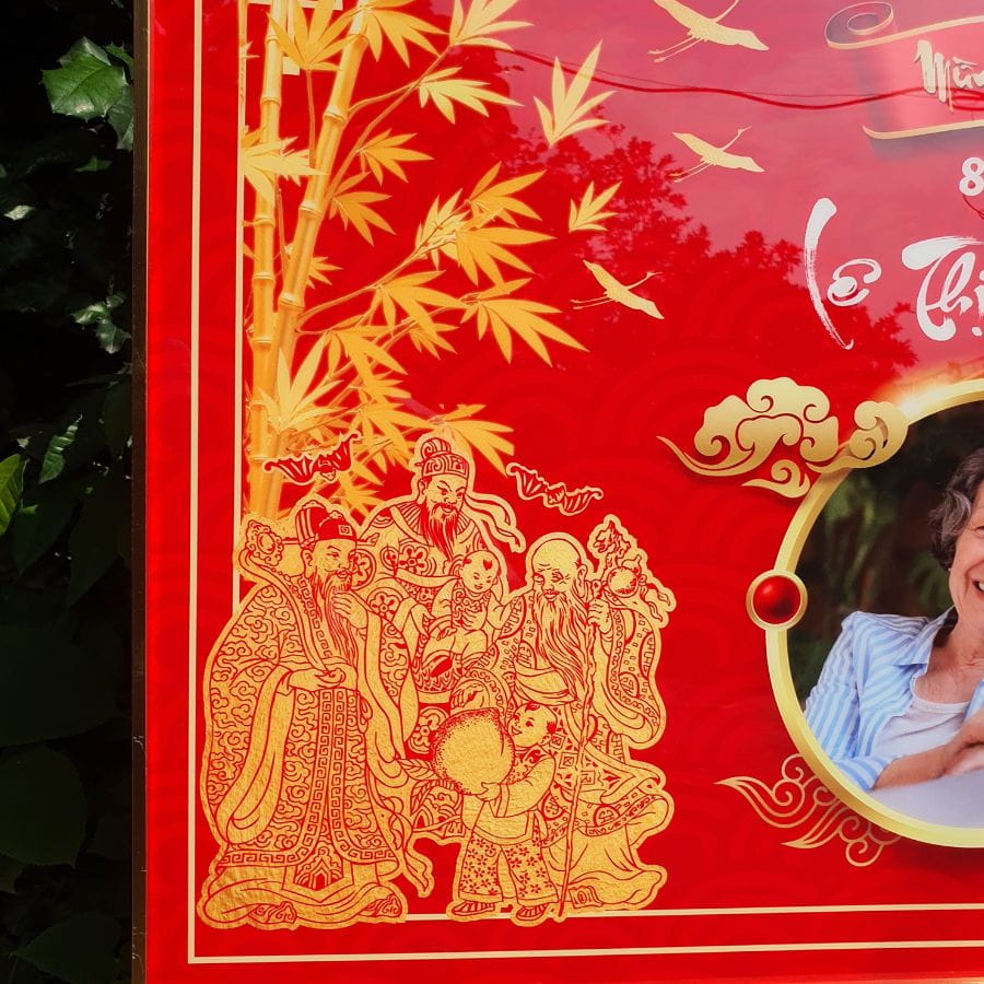 Hình ảnh tam tinh Phúc - Lộc - Thọ trên mẫu tranh mừng thọ G1