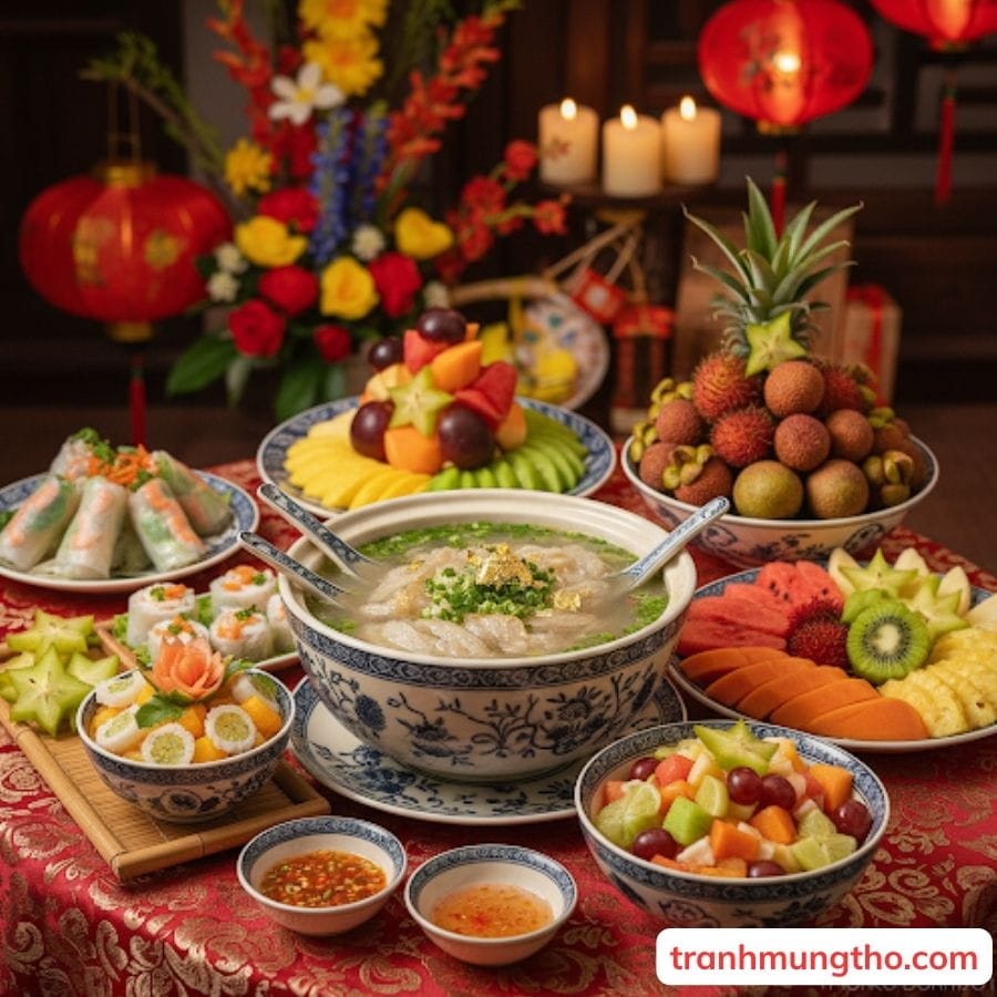 M&oacute;n tr&aacute;ng miệng trong ng&agrave;y mừng thọ với s&uacute;p v&agrave; hoa quả