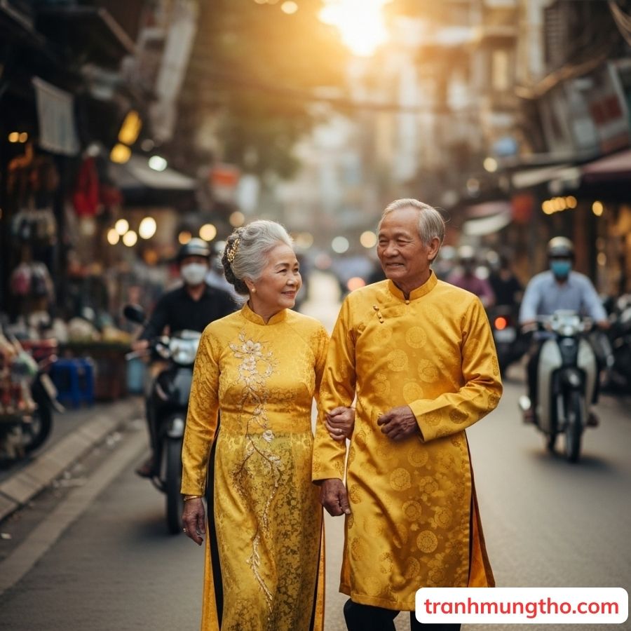 &Ocirc;ng b&agrave; diện &aacute;o d&agrave;i v&agrave;ng tươi trẻ 