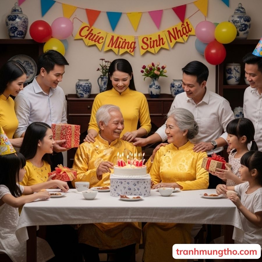 &Ocirc;ng b&agrave; mặc &aacute;o d&agrave;i v&agrave;ng trong ng&agrave;y mừng thọ 70 tuổi