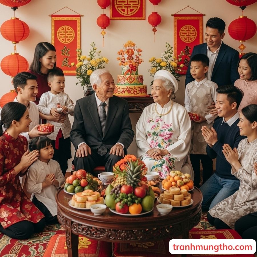 &Ocirc;ng mặc vest, b&agrave; mặc &aacute;o d&agrave;i trong ng&agrave;y mừng thọ 70 tuổi