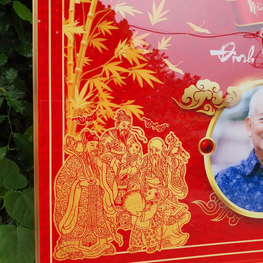 Hình ảnh tam tinh Phúc - Lộc - Thọ trên mẫu tranh mừng thọ M5