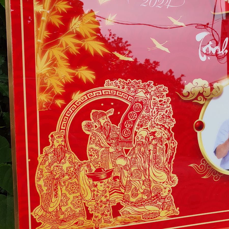 Hình ảnh tam tinh Phúc - Lộc - Thọ trên mẫu tranh mừng thọ M6