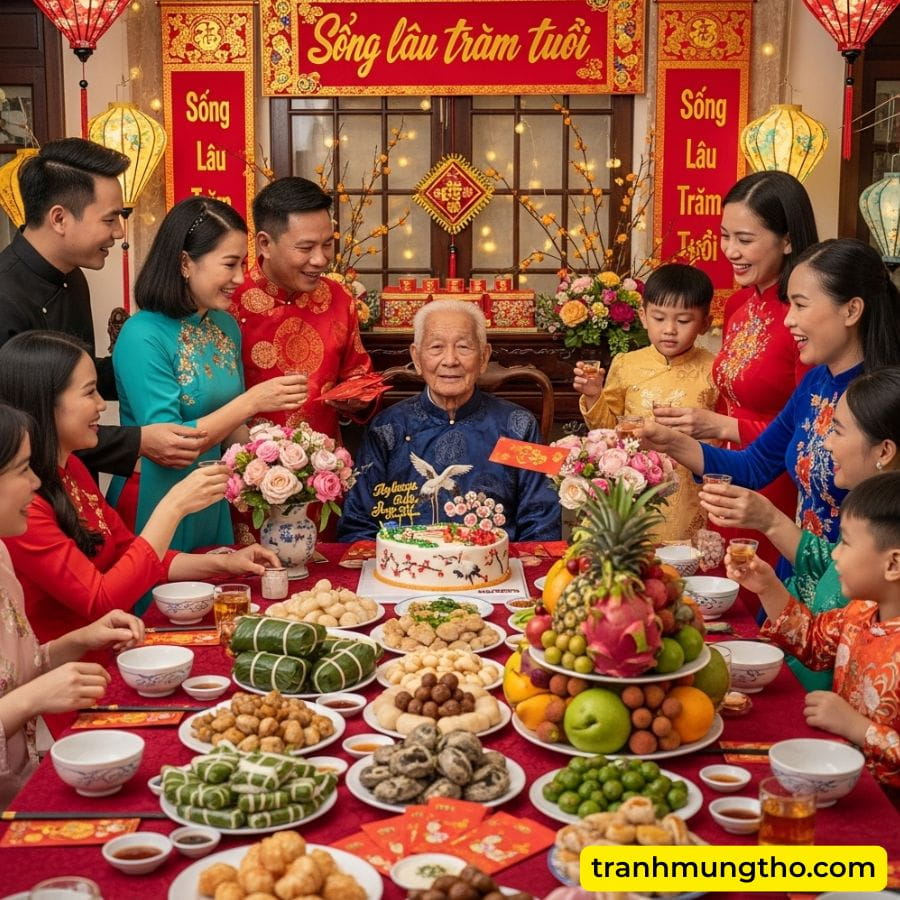 Gia đ&igrave;nh sum họp l&agrave;m bữa cơm th&acirc;n mật tổ chức mừng thọ