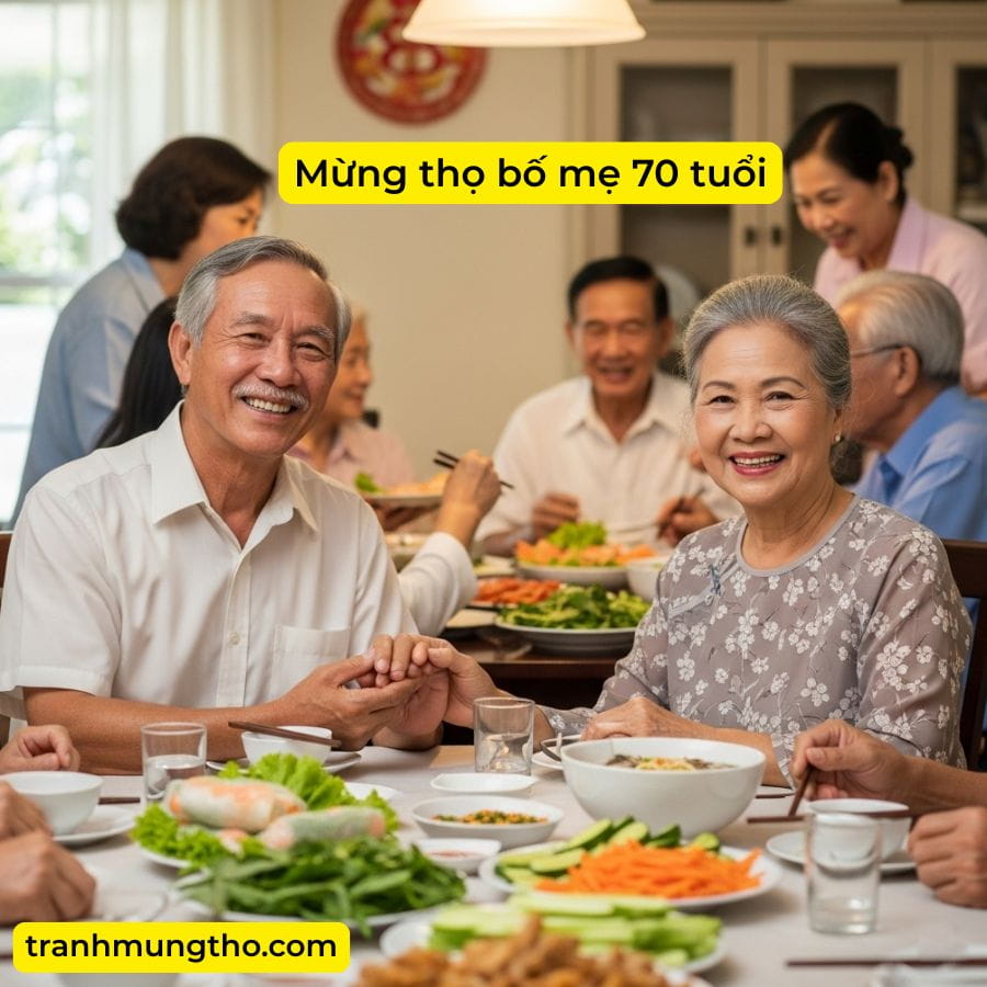 Gia đ&igrave;nh ăn uống mừng thọ 70 tuổi bố mẹ
